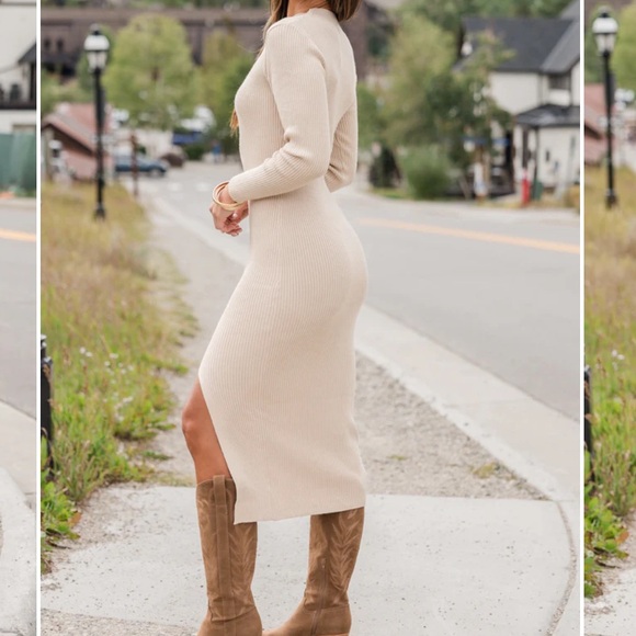 TAUPE SPLIT LEG MOCK NECK MIDI DRESS - Picture 3 of 4